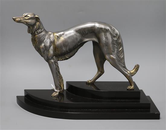 An Art Deco metal figure on marble base of a Borzoi dog, signed I Rochard height 28.5cm